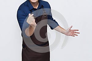 Asian Man wearing Apron with fingers making the saranghaeyo, isolated