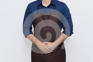 Asian Man wearing Apron, hospitality gesture, isolated