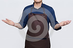 Asian Man wearing Apron with open arms, isolated