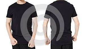 Asian man wearing blank black tshirt isolated on white background, man in t-shirt mock up