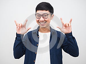 Asian man wearing glasses happy smile at face show hand love portrait white background