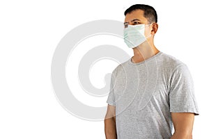 Asian man wearing hygienic face on white background