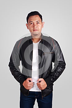 Asian Man Wearing Leather Jacket