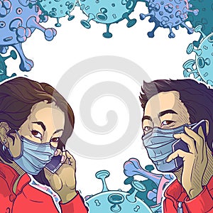 Asian man wearing medical protection face mask and speaking on the phone.