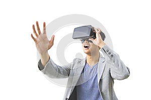 asian man wearing virtual reality goggle photo