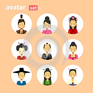 Asian Man And Woman Avatar Set Icon Female Male In Traditional Costume Profile Portrait Collection