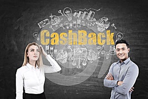 Asian man and woman and cash back on blackboard