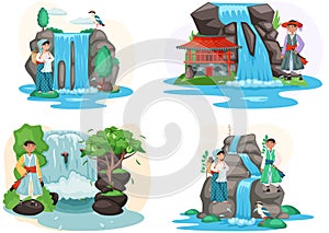 Asian man and woman dressed in national clothes standing next to waterfall in mountaine landscape