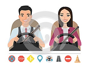 Asian man and woman driving a car. Silhouette of a woman and a man who sit behind the wheel