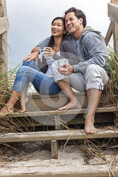 Asian Man Woman Romantic Couple on Beach Steps