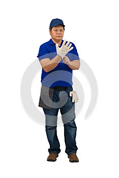 Asian man worker in blue shirt with Waist bag for equipment are wearing gloves isolated on white