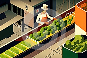 asian man worker sorting broccoli on vegetable factory conveyor, food production
