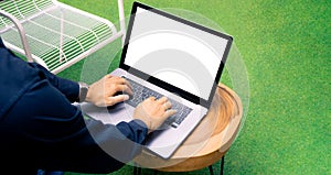 Asian man working and tying on laptop computer with blank withe screen, Online internet marketing, freelancer concept