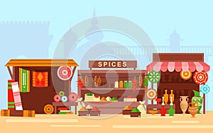 Asian market flat cartoon concept vector illustration. Arabic bazaar on old eastern city background photo