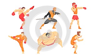 Asian Martial Arts Fighters Set, Male Professional Athletes Practicing Different Technique Kicks, Wushu, Boxing, Sambo