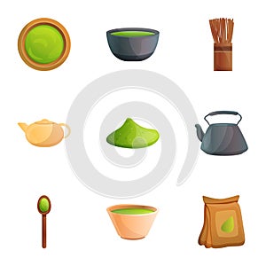 Asian matcha tea icon set, cartoon style