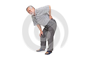 Asian mature man feels back pain isolated on white background.