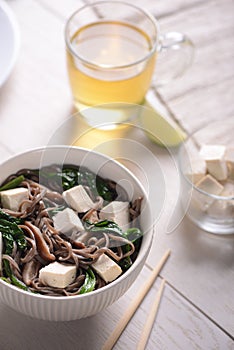 Asian meal on wooden table