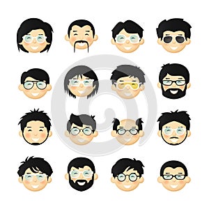 Asian men head avatar iconset with beards, mustaches, glasses and rosy cheeks