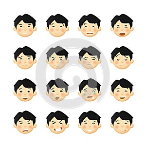 Asian men with rosy cheeks. Vector avatars and emoticons set.