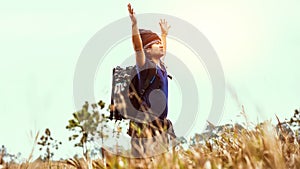 Asian men travel  nature. Travel relax.Backpack walk on the meadow in the forest. Thailand