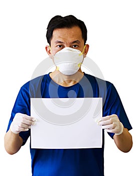 Asian Men Wear Medical Masks N95. Holding a Paper Empty Blank.