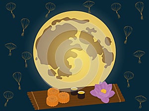 Asian mid autumn festival vector illustration with full moon, mooncake, lotus flower and lanterns