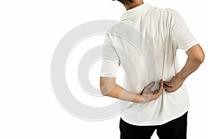 Asian middle aged man with painful in the back or bone joint of the lower spine,lumbago pain,adult male suffering from backache,