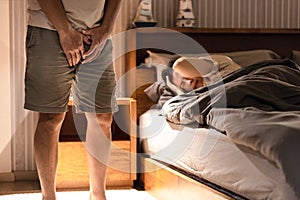 Asian middle aged man holding his crotch suffer Erectile Dysfunction,Premature Ejaculation,Male Hypogonadism,Sexual Problems, photo