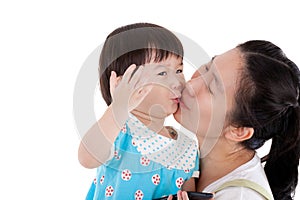 Asian mother carrying and smooching her daughter on white background