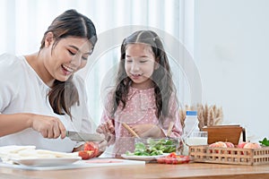Asian mother and daughter preparing breakfast in kitchen, cute child looking at mom cutting apples, making salad and sandwich,