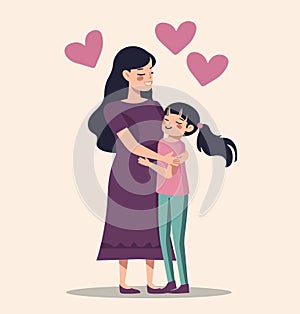 Asian mother embracing young daughter with love. Happy smiling family moment with hearts. Affectionate parent and child