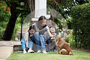 Asian mother and kids sitting and playing together with Shiba inu dog in public park