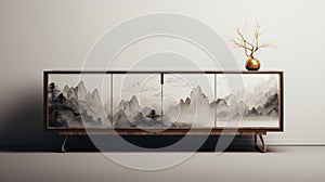 Asian Mountain Inspired Side Table With Motion Blur Panorama Style
