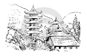 Asian mountain landscape with Buddish temple, Vietman