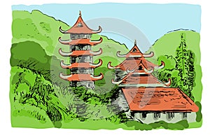 Asian mountain landscape with Buddish temple, Vietman