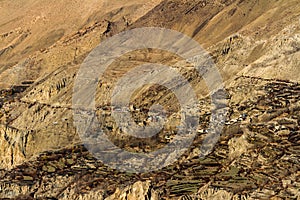 Asian mountain village and terrace fields in autumn in Lower Mustang, Nepal, Himalaya.