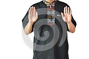 Asian muslim man solat and takbir take his hands up. islam praying