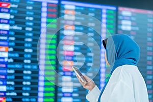 An Asian Muslim wearing a blue hijab is preparing for a vacation and she is at the airport