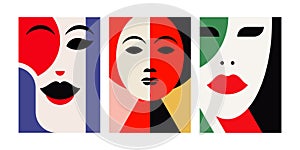 Asian Muslim woman abstract face bright colors pop art contemporary poster set vector flat