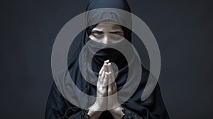 An Asian Muslim Woman in Black Hijab and Niqab Offers Prayers with Deep Faith and Determination