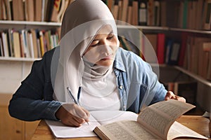 Asian muslim woman studying in library, exam preparation concept. Female college student doing research and making notes in her