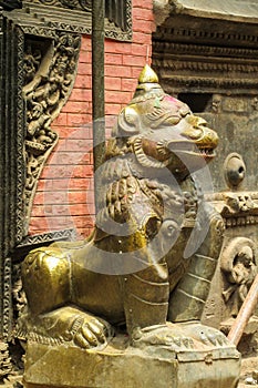 Asian mythological animal qilin guard statue in Kathmandu, Nepal