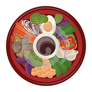 Asian national dish closeup with meat, pepper, shiitake mushrooms, onions, egg, sauce,soya beans. Chinese food. Vector flat