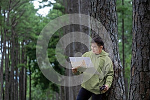 Asian naturalist looking at the map for direction while exploring wildlife in the pine forest for surveying and discovering the