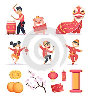 Asian new year. Happy chinese people celebrate 2019 with traditional symbols dragons lantern firecrackers vector