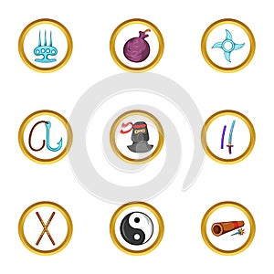 Asian ninja icon set, cartoon style