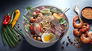 Asian Noodle Bowl with Shrimp and Vegetables, AI generated Illustration, realistic