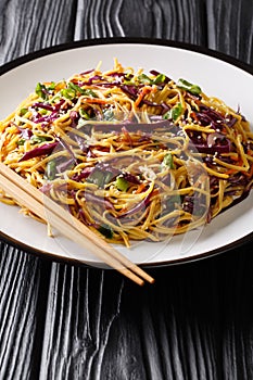 Asian Noodle Salad with thinly sliced red cabbage, julienned carrots in spicy peanut dressing close-up in a plate. Vertical