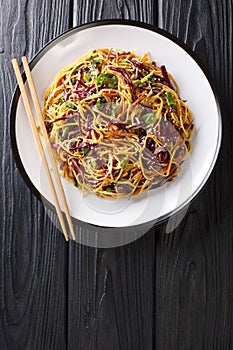 Asian Noodle Salad with thinly sliced red cabbage, julienned carrots in spicy peanut dressing close-up in a plate. Vertical top